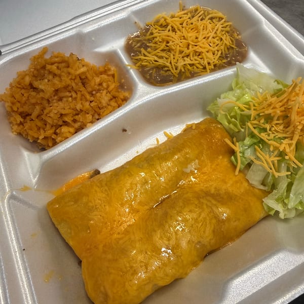 A takeout container with two cheese enchiladas, rice, refried beans, and a side salad.